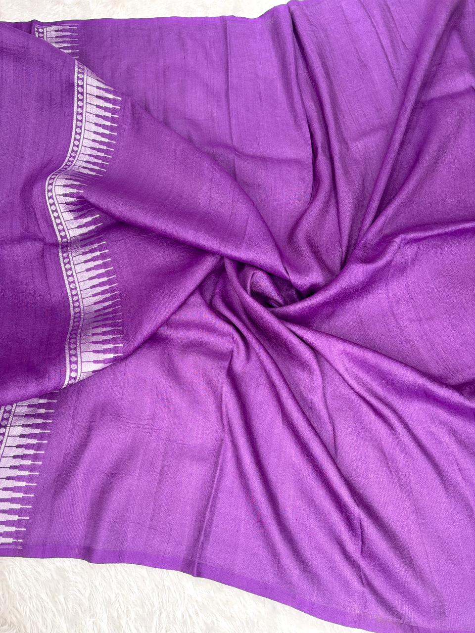 Royal Violet Tussar Georgette Saree with Silver Zari Dots & Meenakari Border