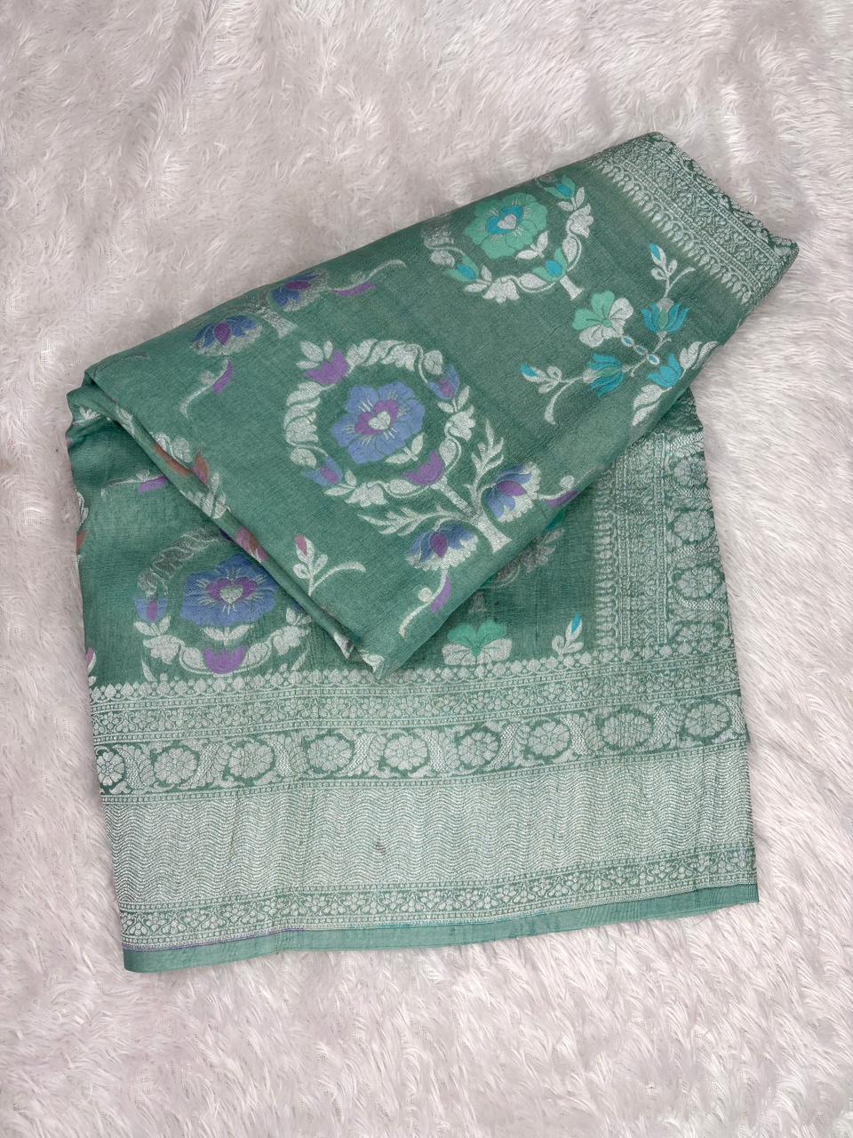 Sea Green Tussar Georgette Banarasi Saree with Silver Zari & Meenakari Jaal