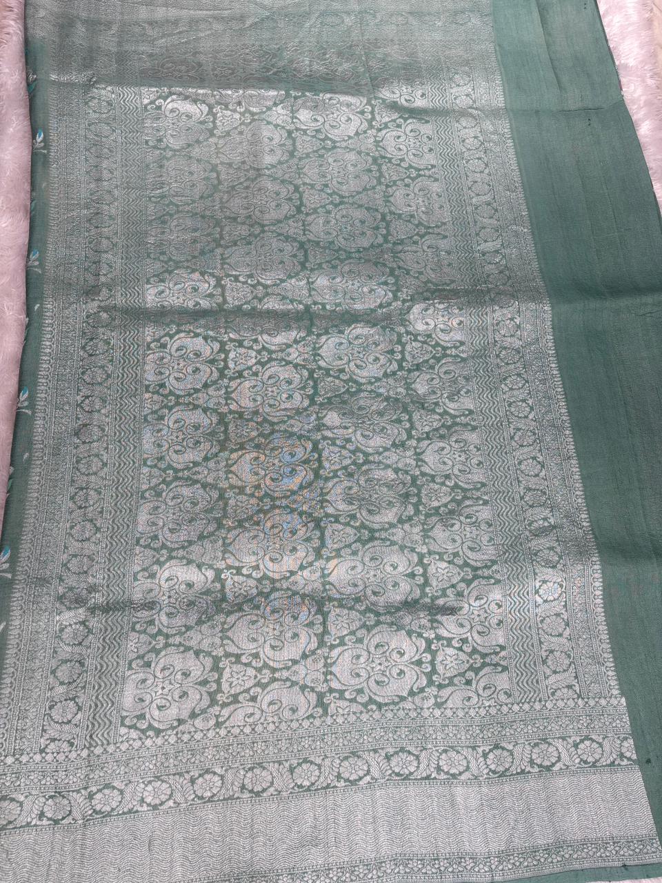 Sea Green Tussar Georgette Banarasi Saree with Silver Zari & Meenakari Jaal