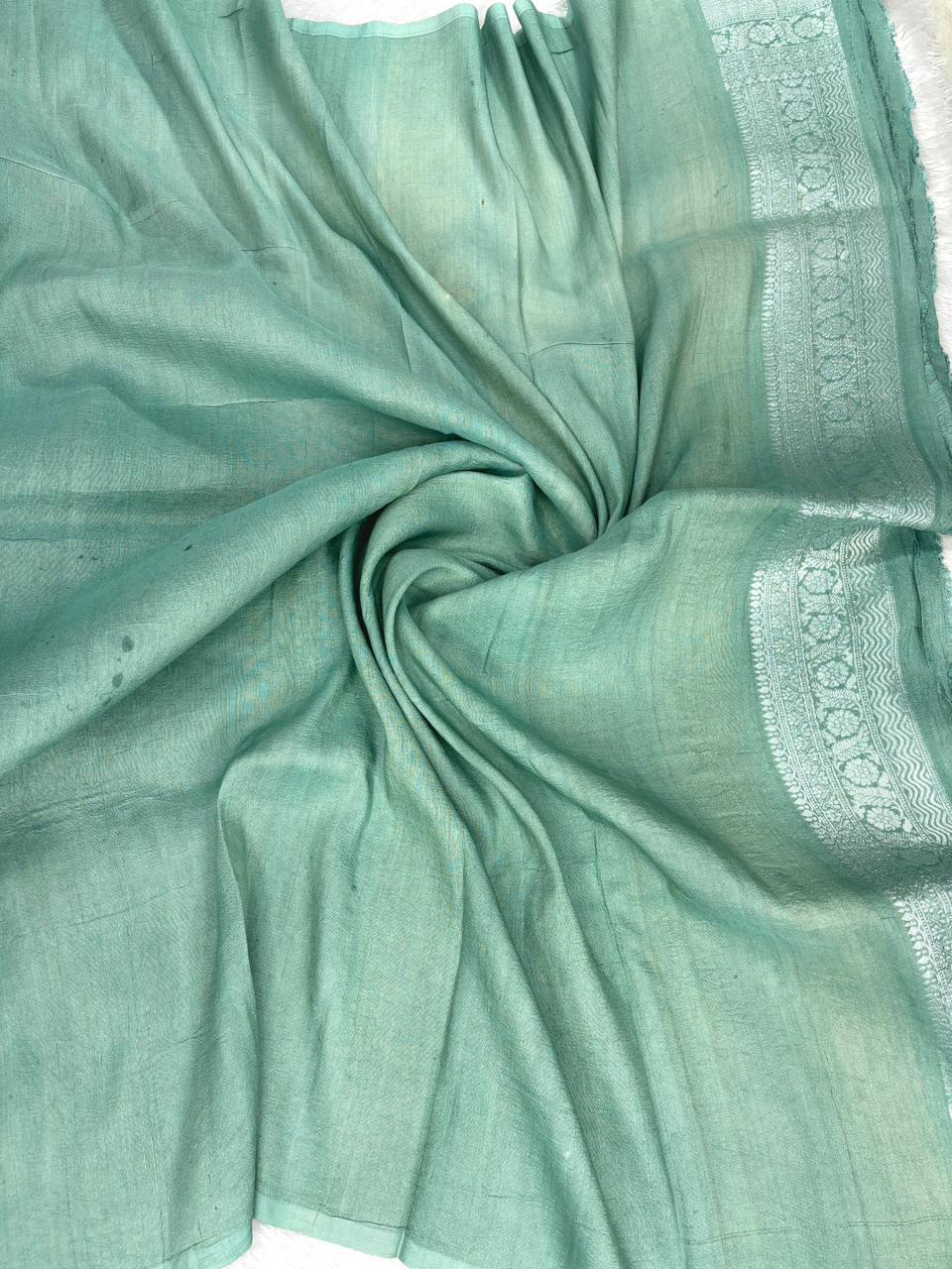 Sea Green Tussar Georgette Banarasi Saree with Silver Zari & Meenakari Jaal