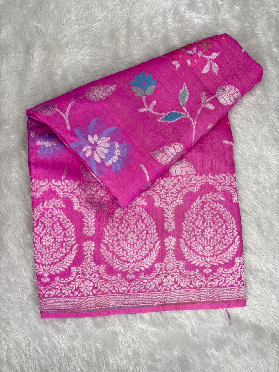 Rani Pink Tussar Georgette Banarasi Saree with Silver Zari & Blue Meenakari