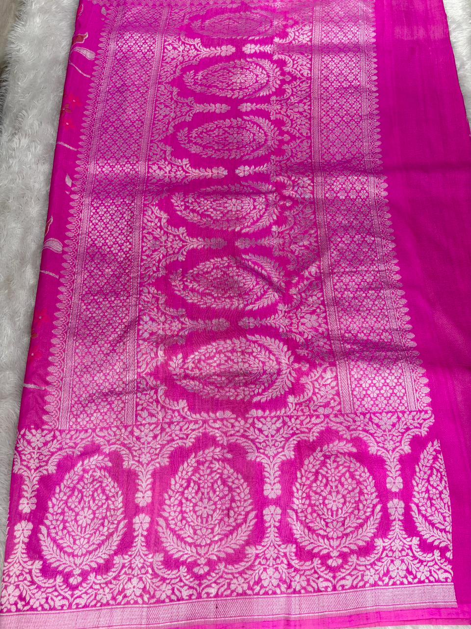 Rani Pink Tussar Georgette Banarasi Saree with Silver Zari & Blue Meenakari