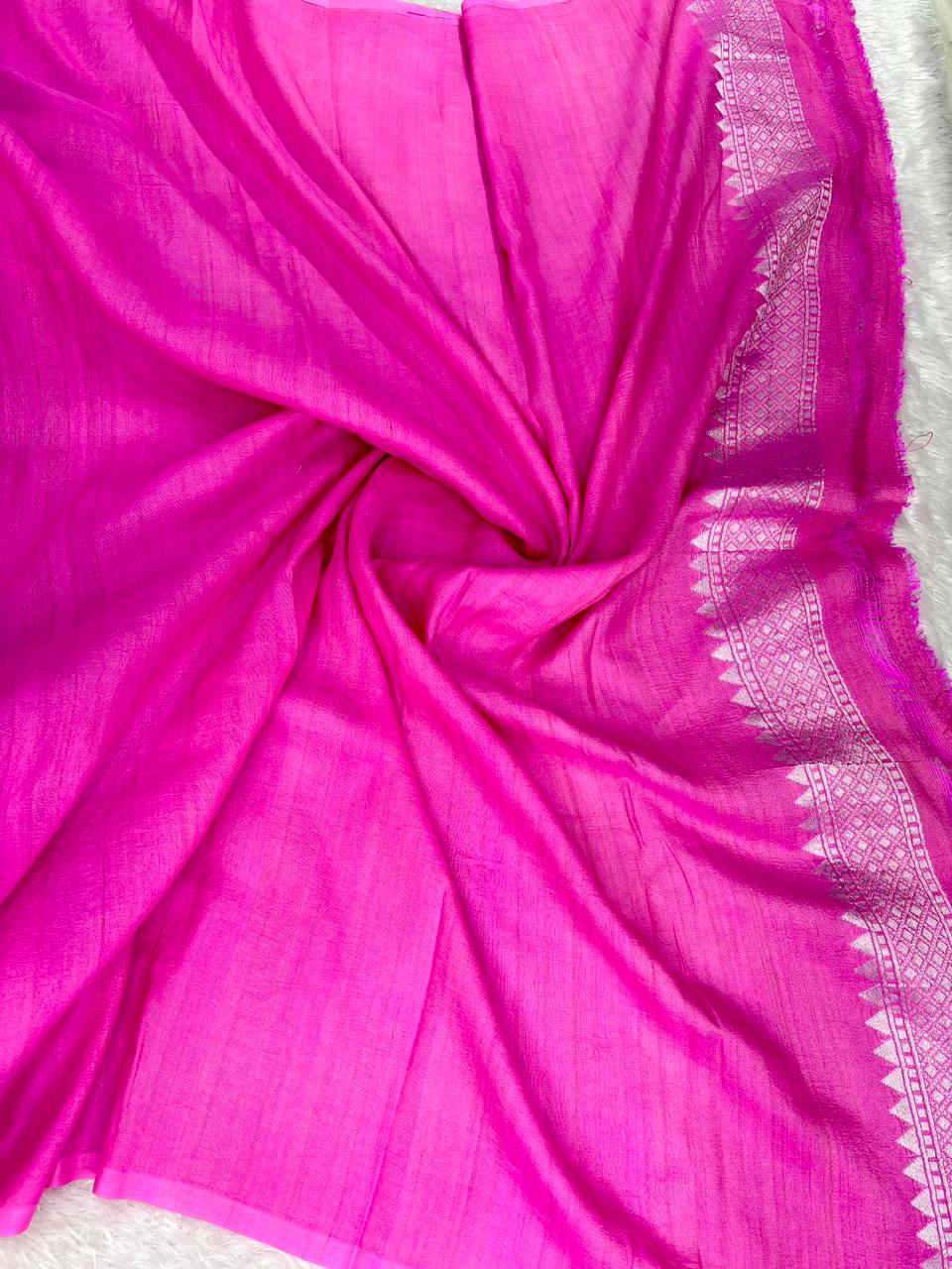 Rani Pink Tussar Georgette Banarasi Saree with Silver Zari & Blue Meenakari
