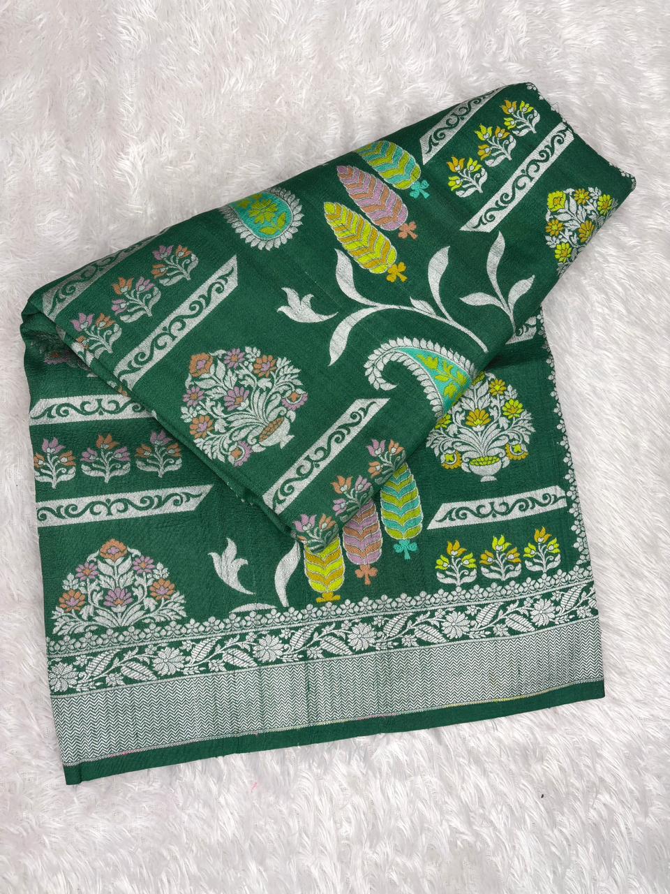 Forest Green Tussar Georgette Banarasi Saree with Meenakari Paisley Motifs