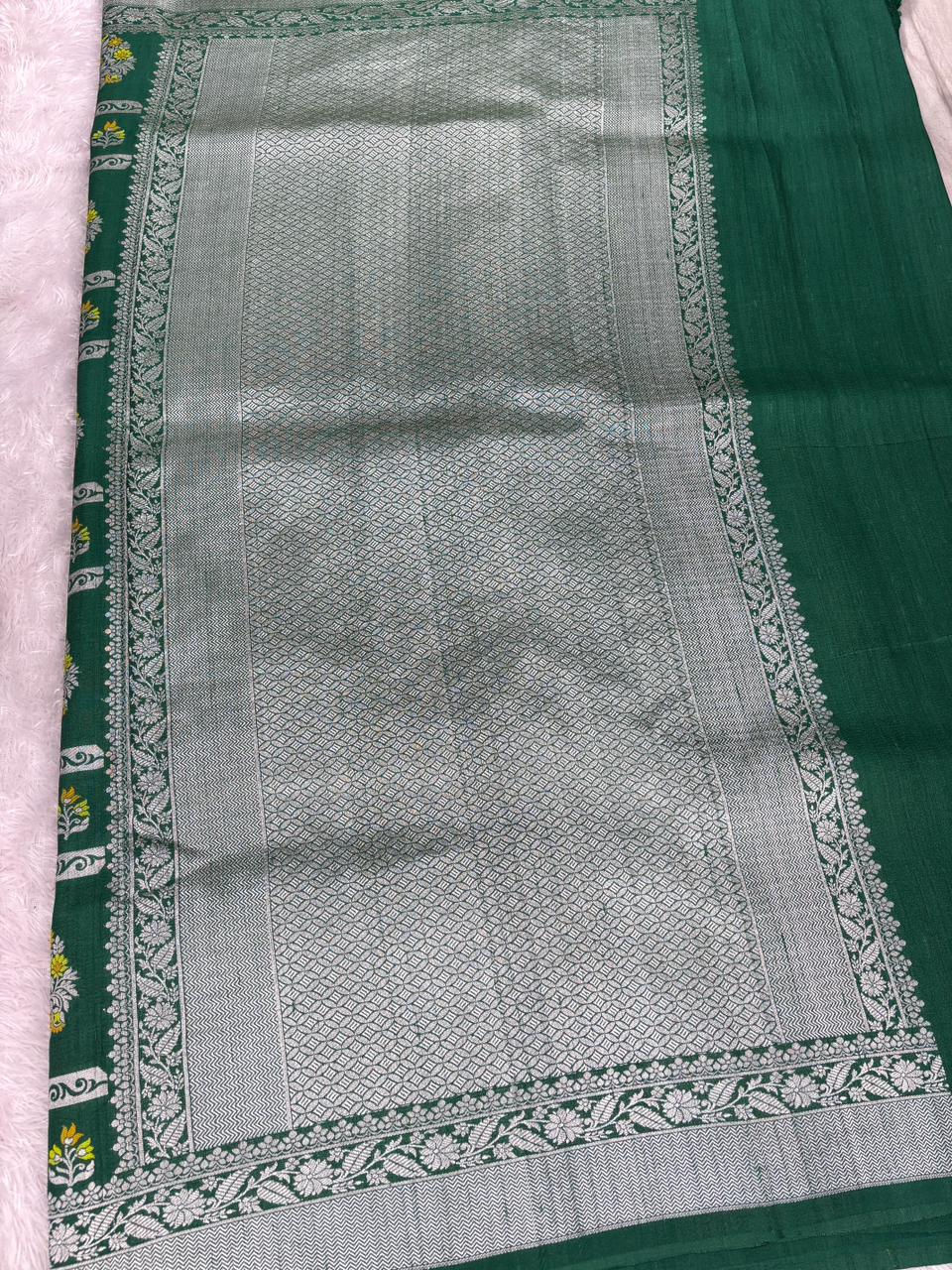 Forest Green Tussar Georgette Banarasi Saree with Meenakari Paisley Motifs