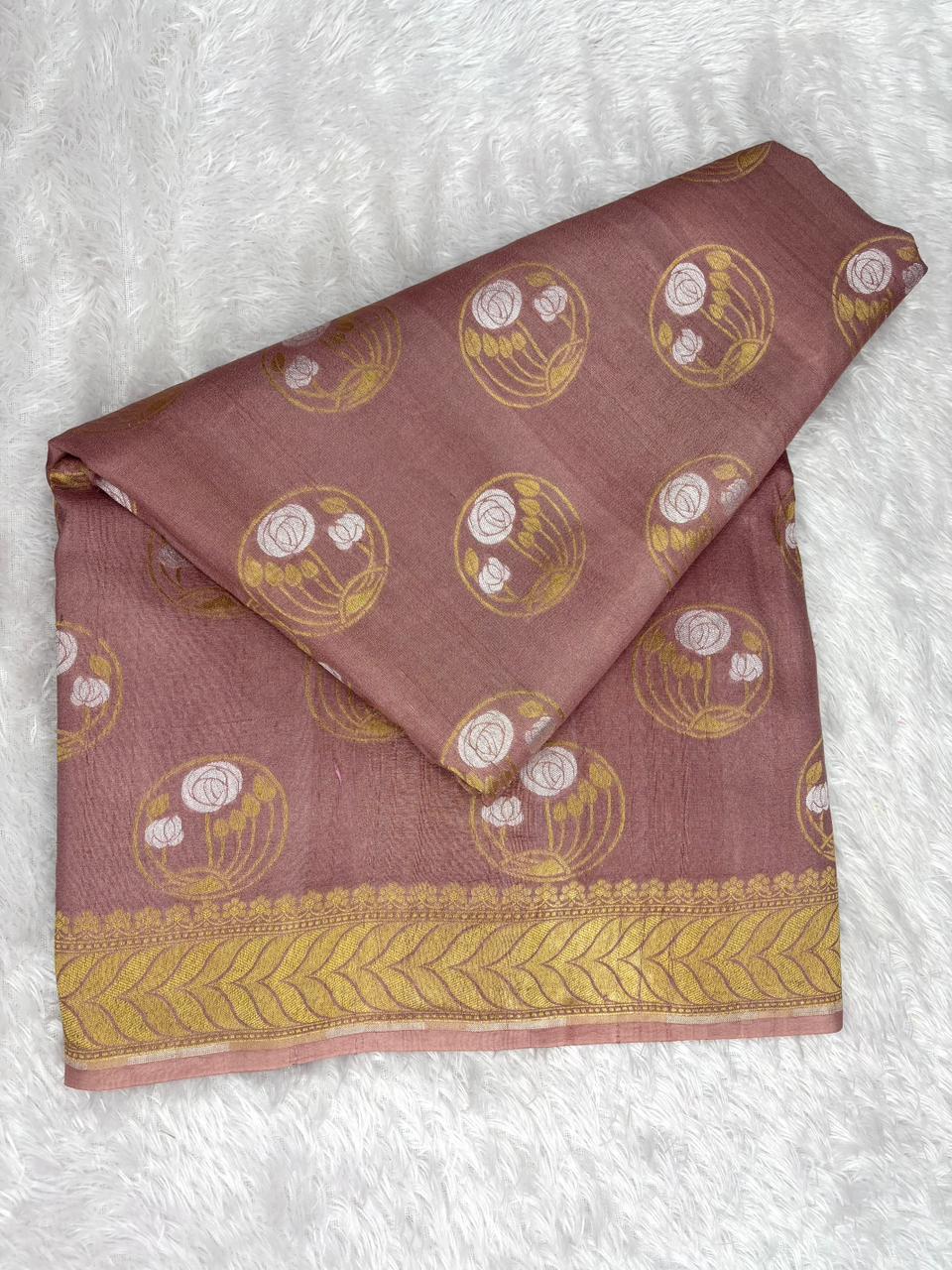 Dusty Pink Tussar Georgette Banarasi Saree with Sona Rupa Floral Chakras