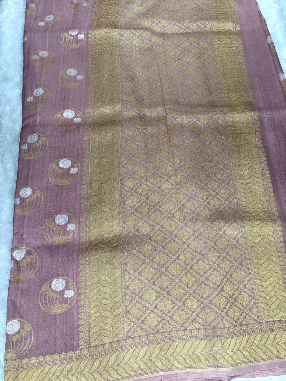 Dusty Pink Tussar Georgette Banarasi Saree with Sona Rupa Floral Chakras