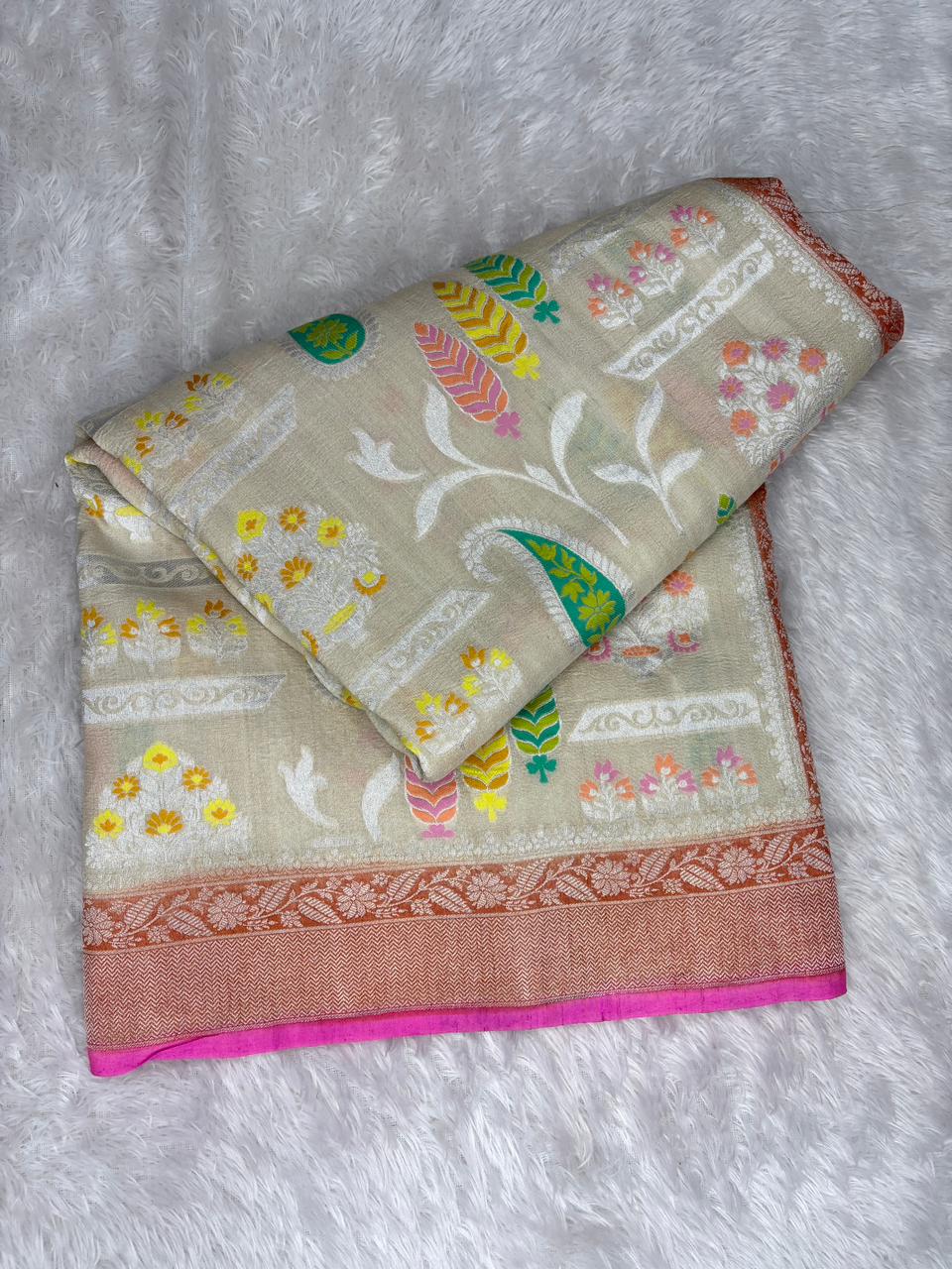 Cream Beige Tussar Georgette Banarasi Saree with Multi-Color Meenakari Paisleys