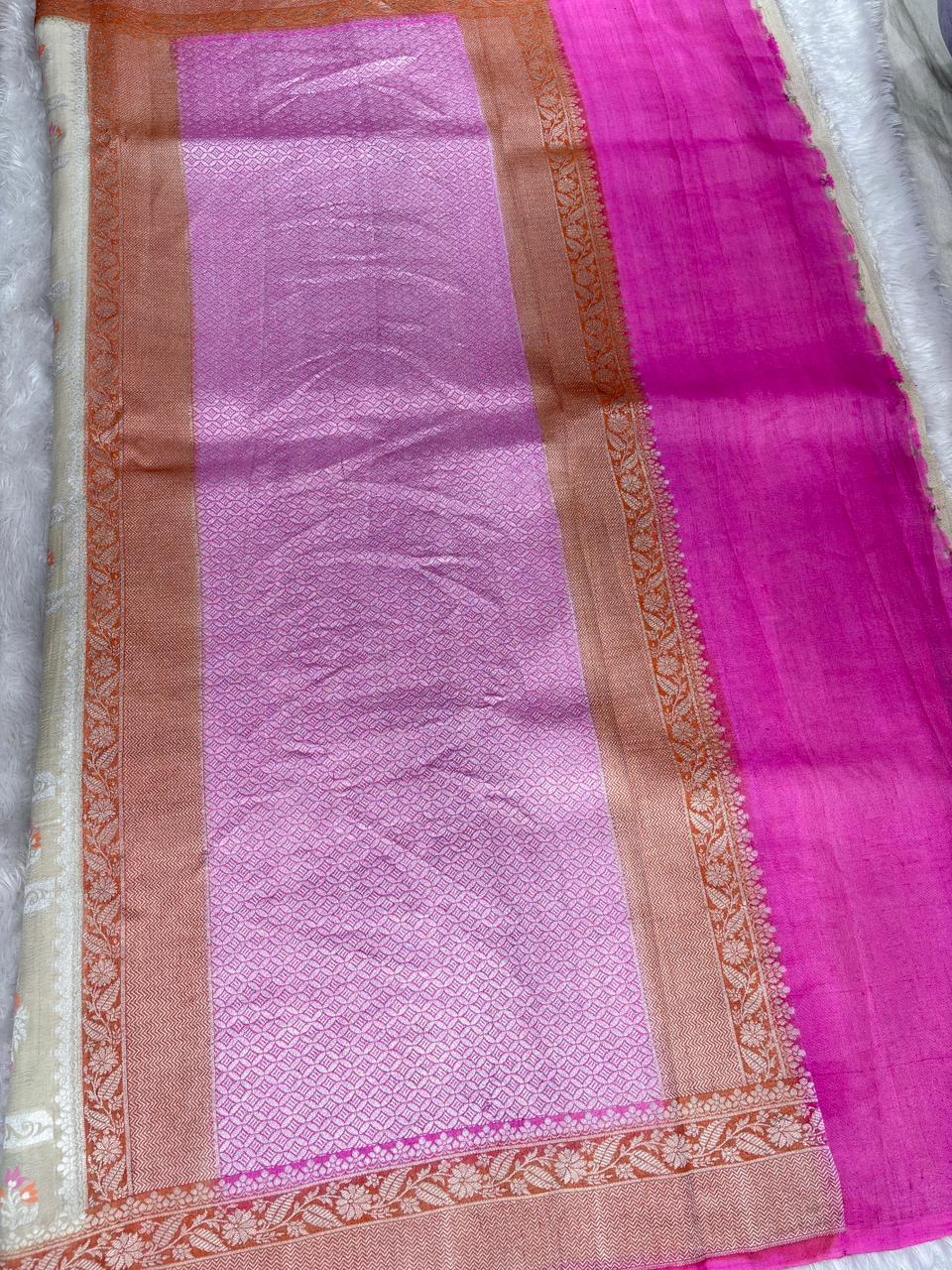 Cream Beige Tussar Georgette Banarasi Saree with Multi-Color Meenakari Paisleys