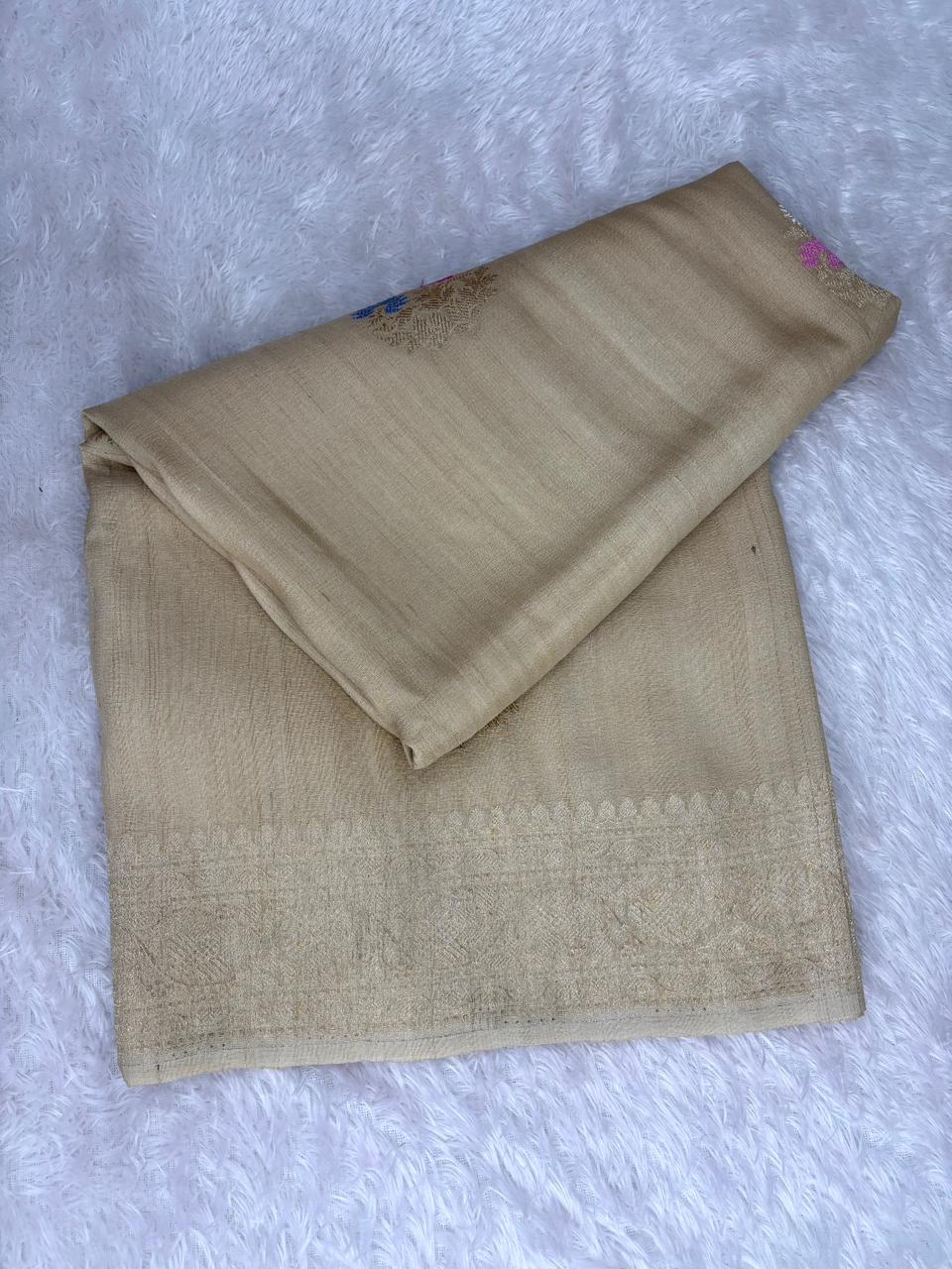 Cream Beige Tussar Georgette Banarasi Saree with Meenakari Floral Buttas