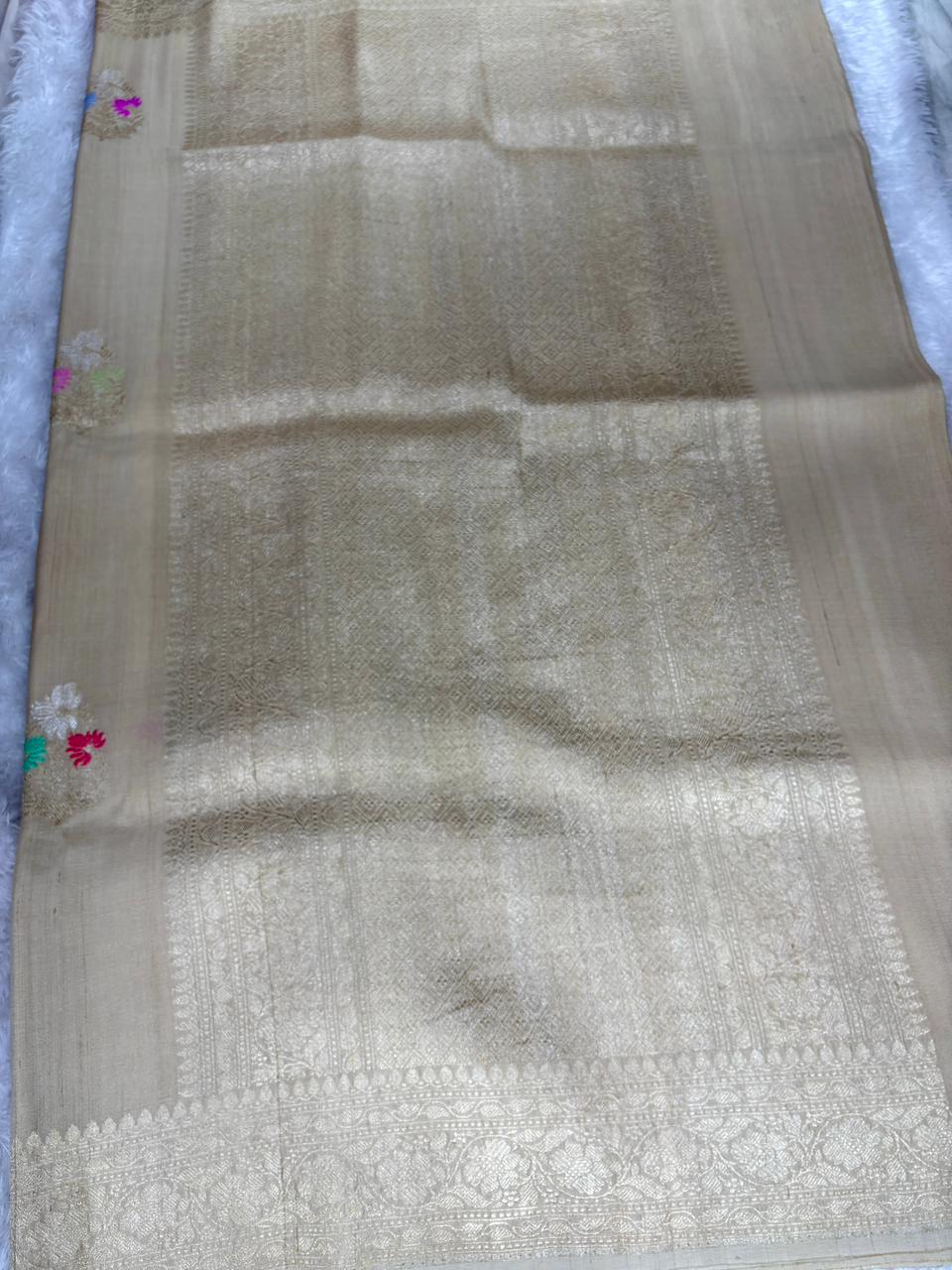Cream Beige Tussar Georgette Banarasi Saree with Meenakari Floral Buttas