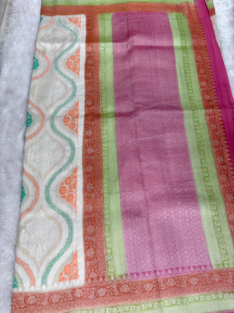 Cream Tussar Georgette Banarasi Saree with Patola-Style Meenakari Weave