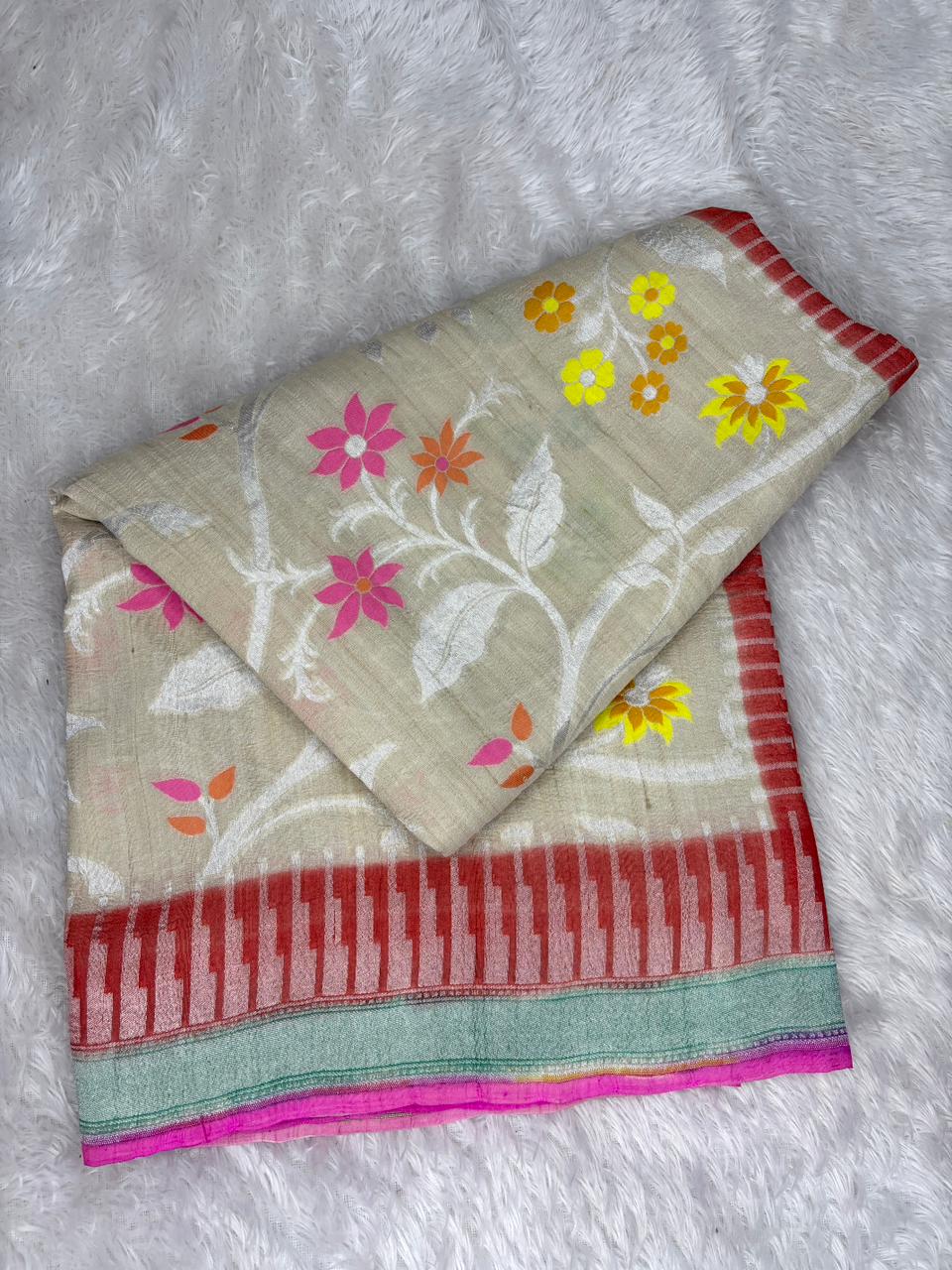 Beige Tussar Georgette Banarasi Saree with Multi-Color Meenakari & Red Border