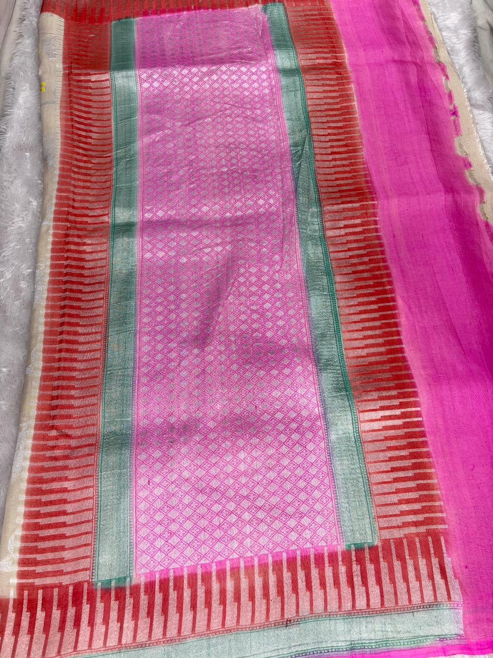 Beige Tussar Georgette Banarasi Saree with Multi-Color Meenakari & Red Border
