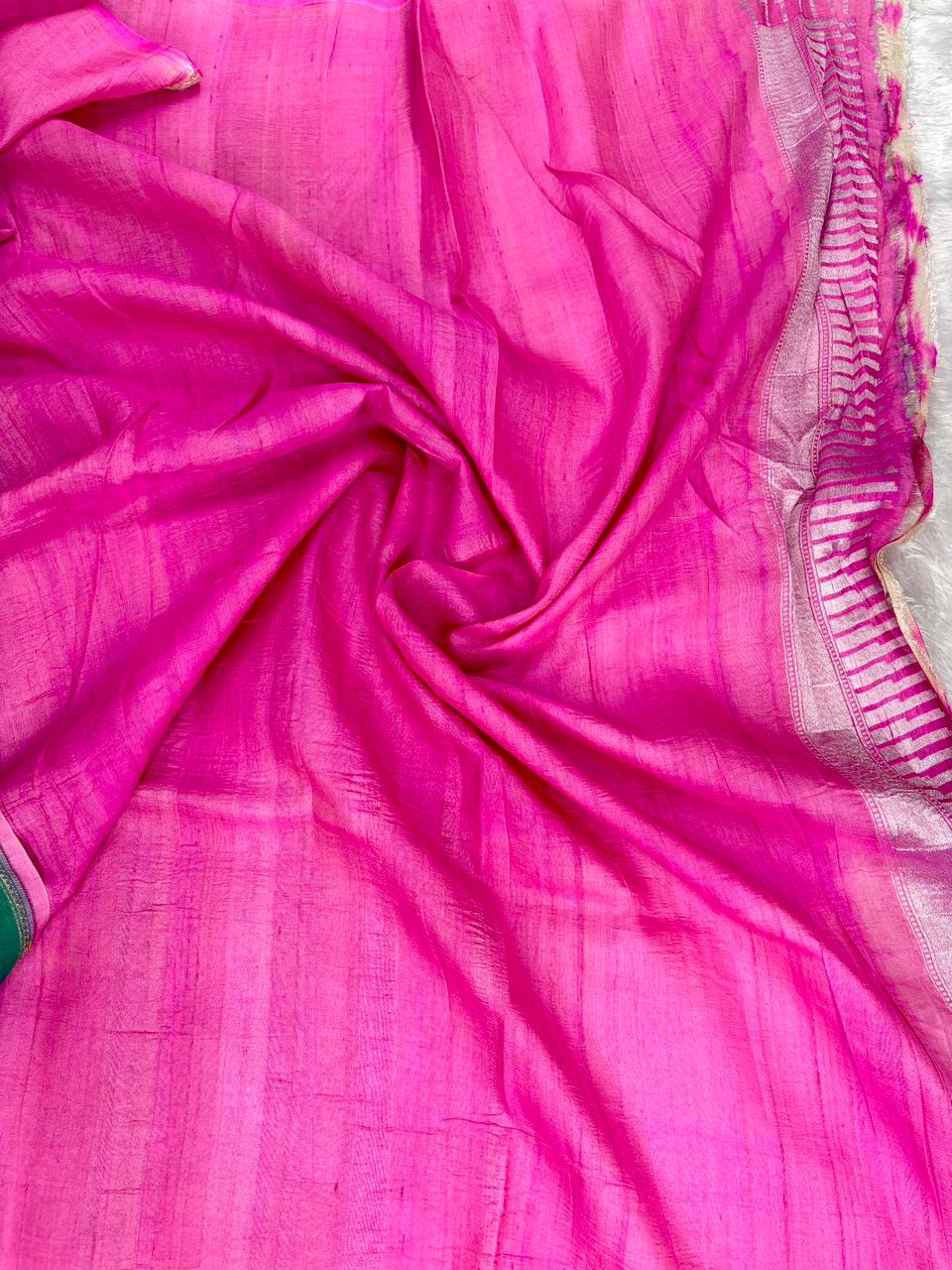 Beige Tussar Georgette Banarasi Saree with Multi-Color Meenakari & Red Border