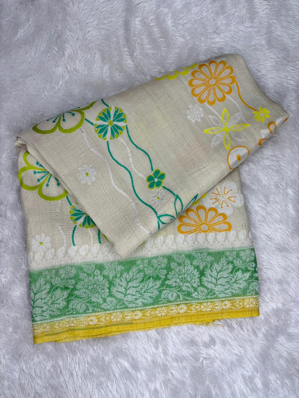 Sunshine Yellow Tussar Georgette Saree with Silver Zari & Green Floral Jaal