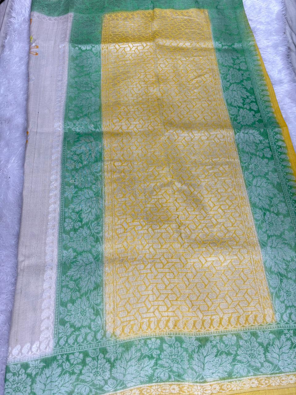 Sunshine Yellow Tussar Georgette Saree with Silver Zari & Green Floral Jaal
