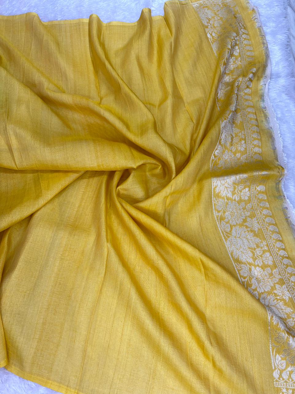 Sunshine Yellow Tussar Georgette Saree with Silver Zari & Green Floral Jaal