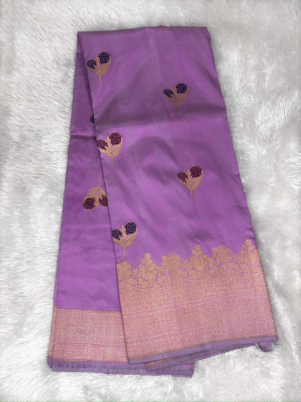 Lavender Lilac Pure Katan Silk Kadhua Rungkaat Saree with Gold Zari Border