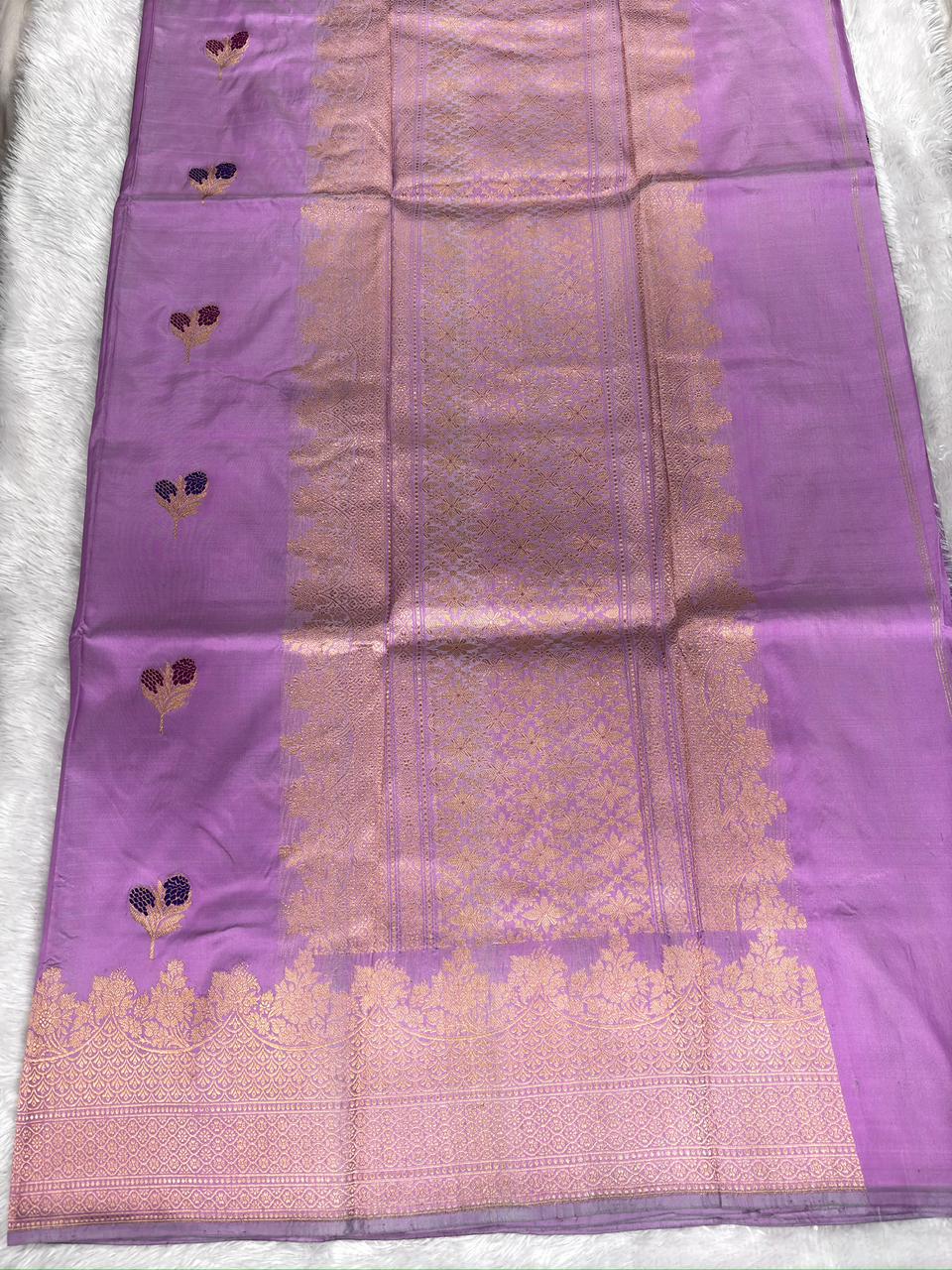 Lavender Lilac Pure Katan Silk Kadhua Rungkaat Saree with Gold Zari Border