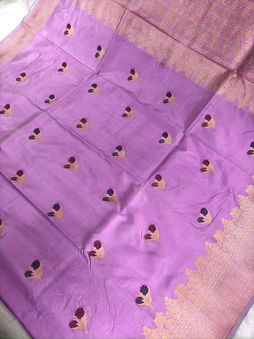 Lavender Lilac Pure Katan Silk Kadhua Rungkaat Saree with Gold Zari Border