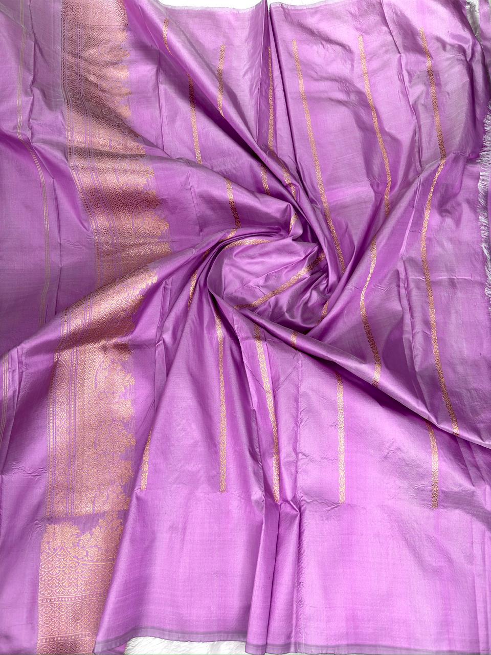 Lavender Lilac Pure Katan Silk Kadhua Rungkaat Saree with Gold Zari Border