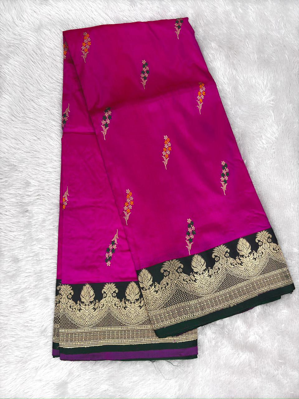 Emerald Green & Rani Pink Pure Katan Silk Kadhua Rungkaat Saree with Antique Gold Zari