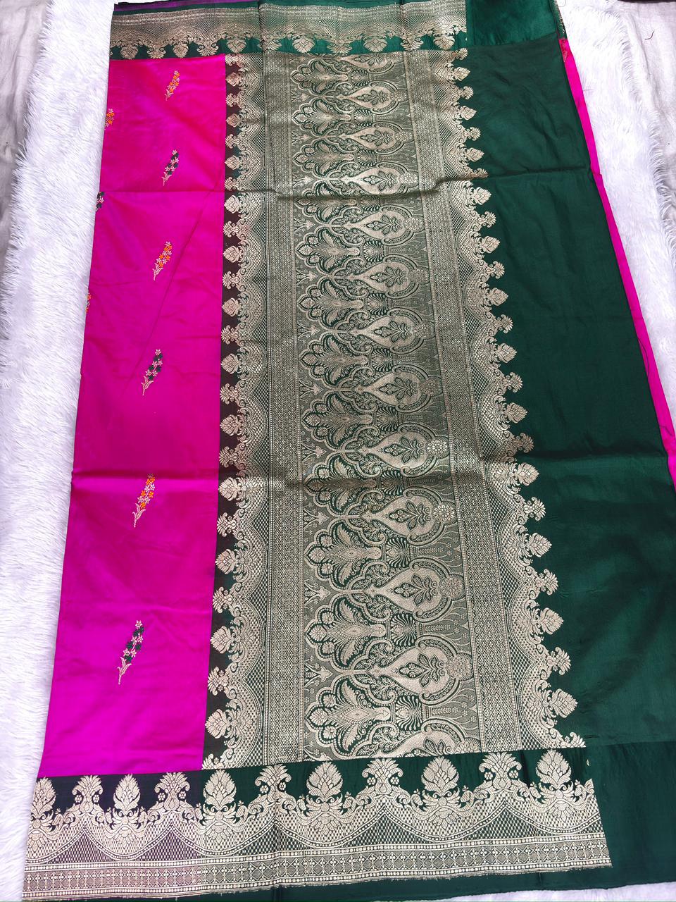 Emerald Green & Rani Pink Pure Katan Silk Kadhua Rungkaat Saree with Antique Gold Zari