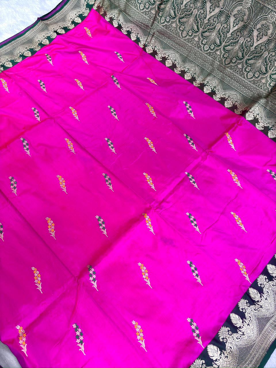 Emerald Green & Rani Pink Pure Katan Silk Kadhua Rungkaat Saree with Antique Gold Zari