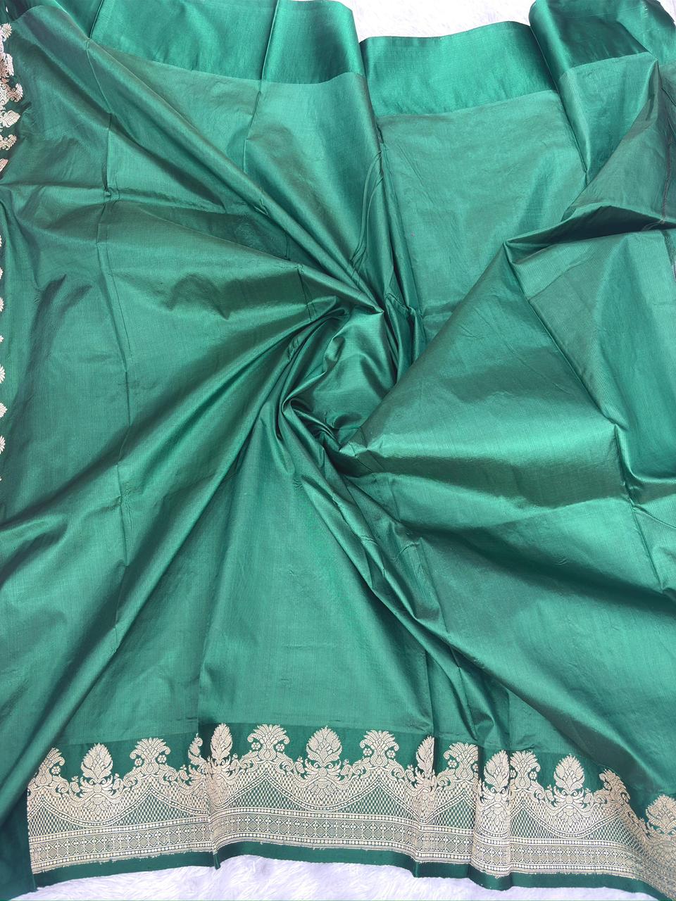 Emerald Green & Rani Pink Pure Katan Silk Kadhua Rungkaat Saree with Antique Gold Zari