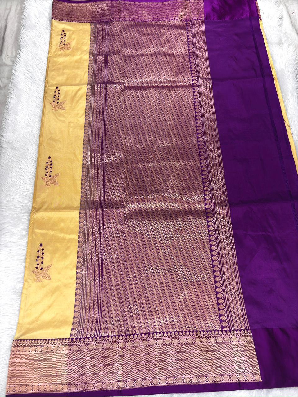 Royal Purple & Champagne Gold Pure Katan Silk Kadhua Rungkaat Saree