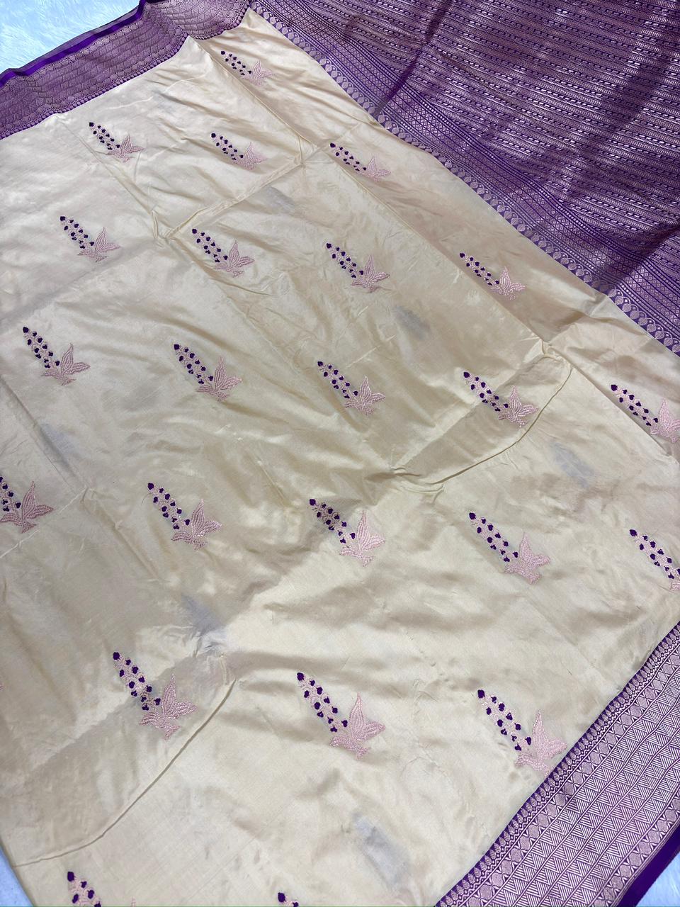 Royal Purple & Champagne Gold Pure Katan Silk Kadhua Rungkaat Saree