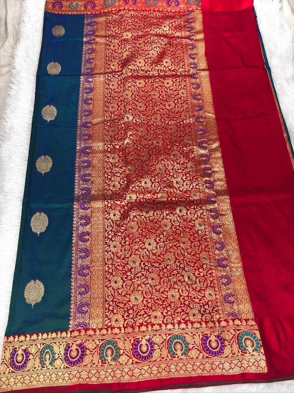 Teal Blue & Crimson Red Pure Katan Silk Kadhua Rungkaat Saree with Rich Zari Pallu