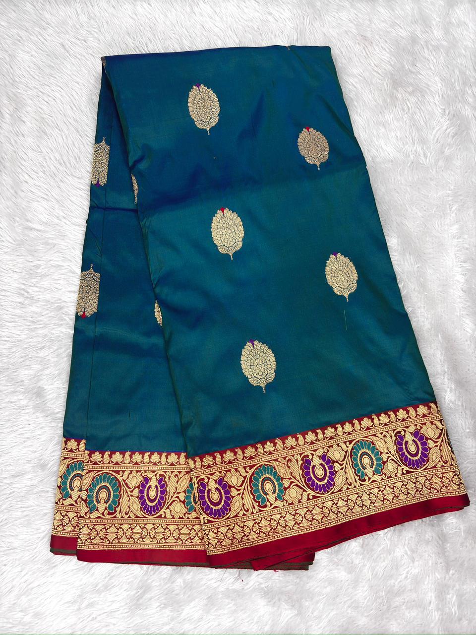 Teal Blue & Crimson Red Pure Katan Silk Kadhua Rungkaat Saree with Rich Zari Pallu