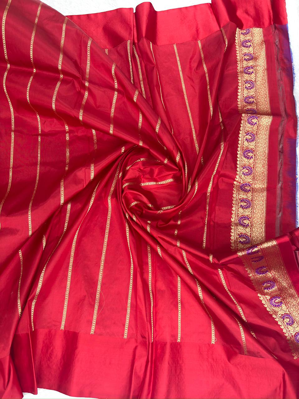 Teal Blue & Crimson Red Pure Katan Silk Kadhua Rungkaat Saree with Rich Zari Pallu