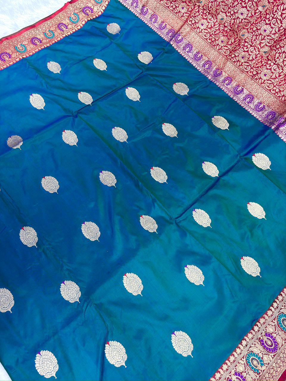 Teal Blue & Crimson Red Pure Katan Silk Kadhua Rungkaat Saree with Rich Zari Pallu