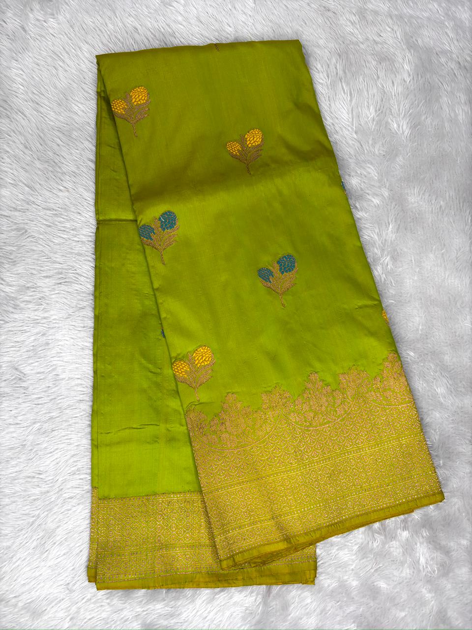 Lime Green Pure Katan Silk Lightweight Kadhua Rungkaat Saree with Gold Zari