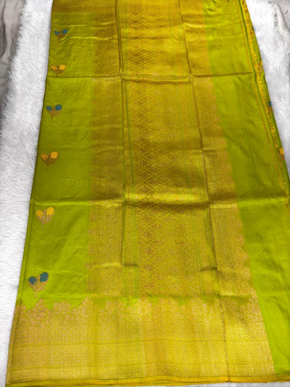 Lime Green Pure Katan Silk Lightweight Kadhua Rungkaat Saree with Gold Zari