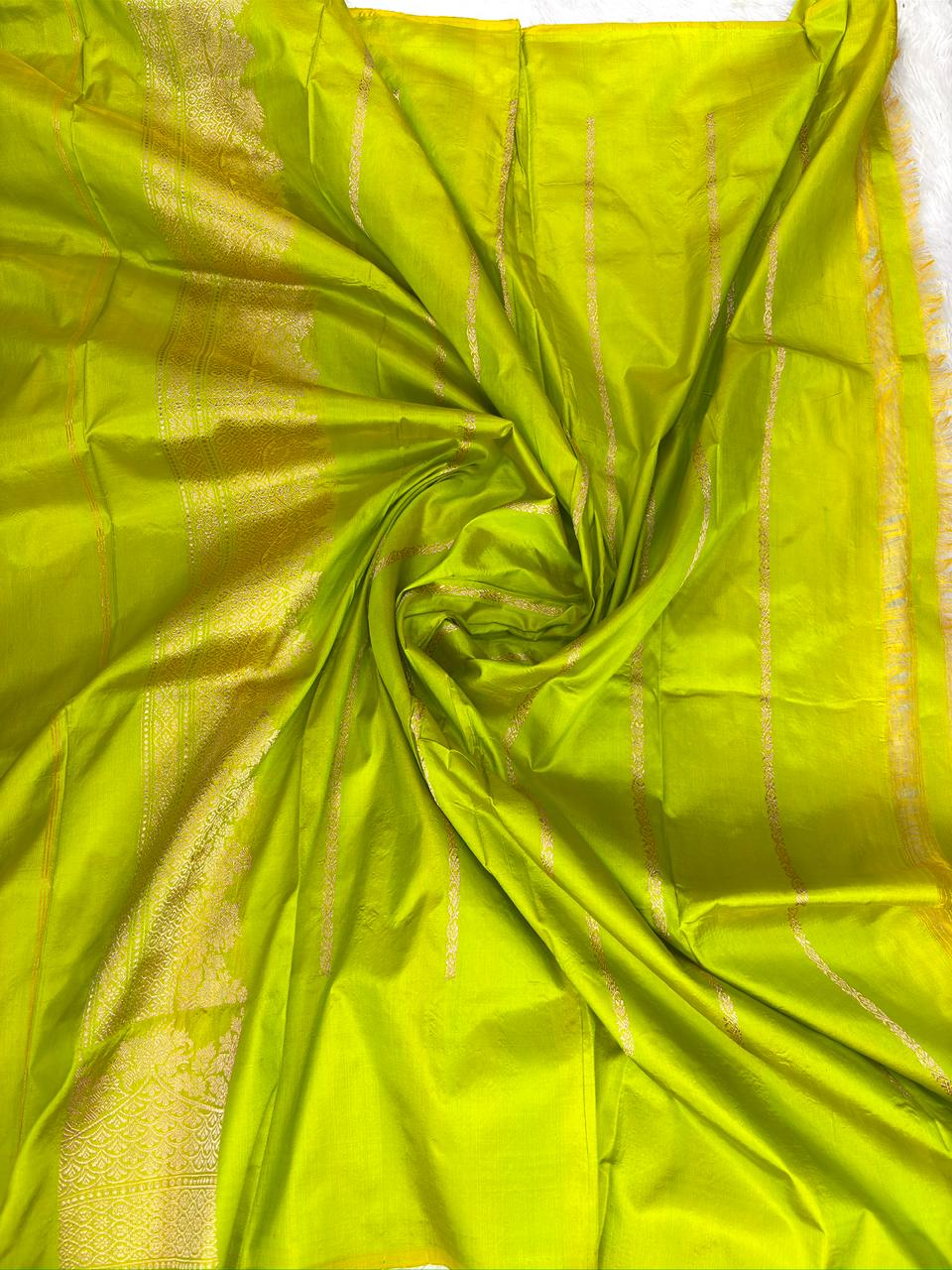 Lime Green Pure Katan Silk Lightweight Kadhua Rungkaat Saree with Gold Zari