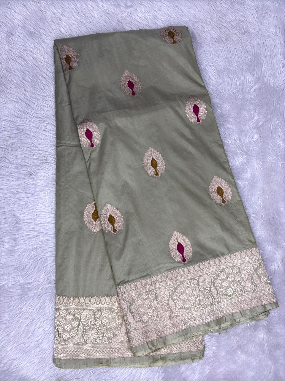 Sage Green Pure Katan Silk Lightweight Kadhua Rungkaat Saree with Silver Zari