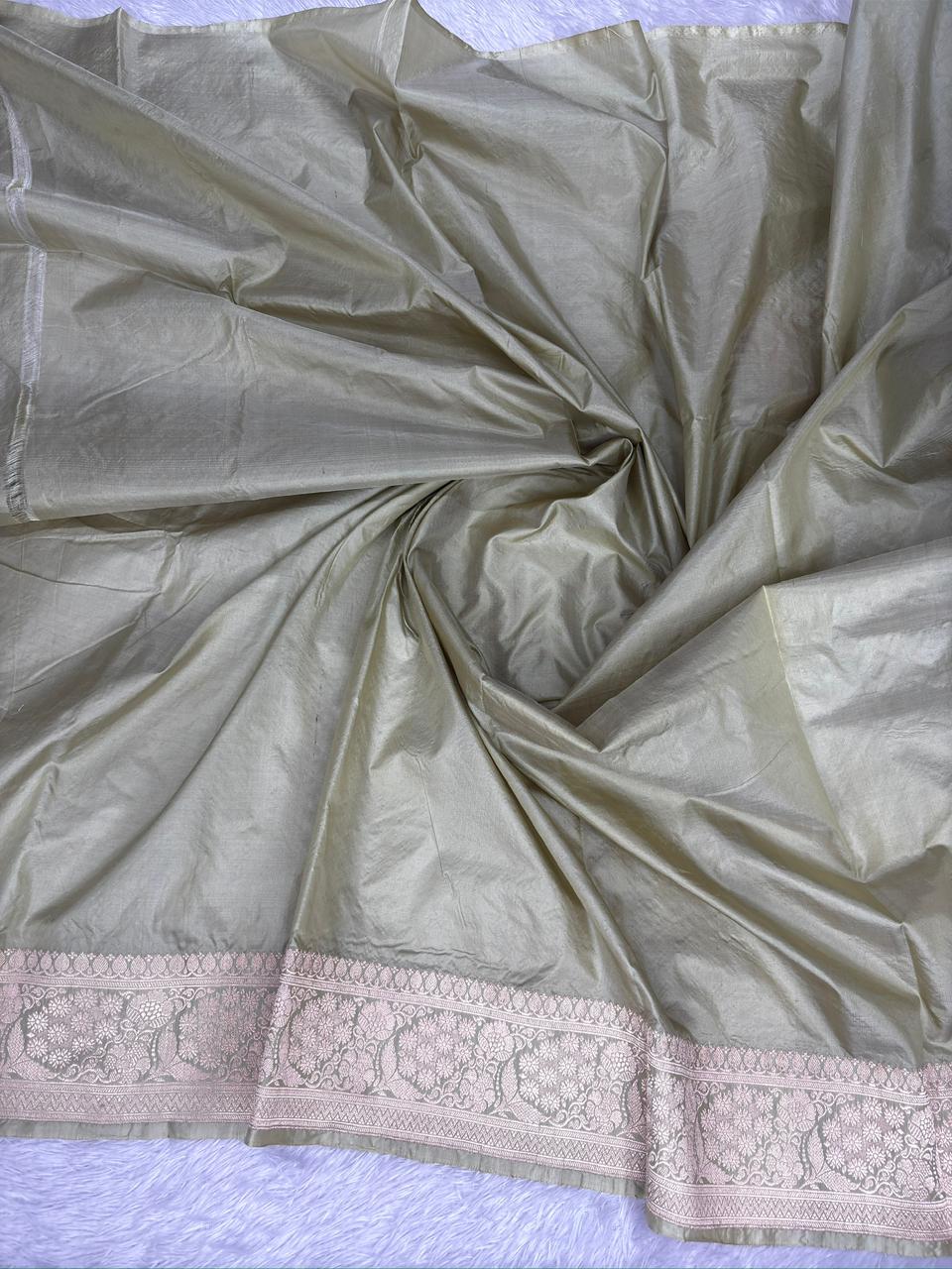 Sage Green Pure Katan Silk Lightweight Kadhua Rungkaat Saree with Silver Zari