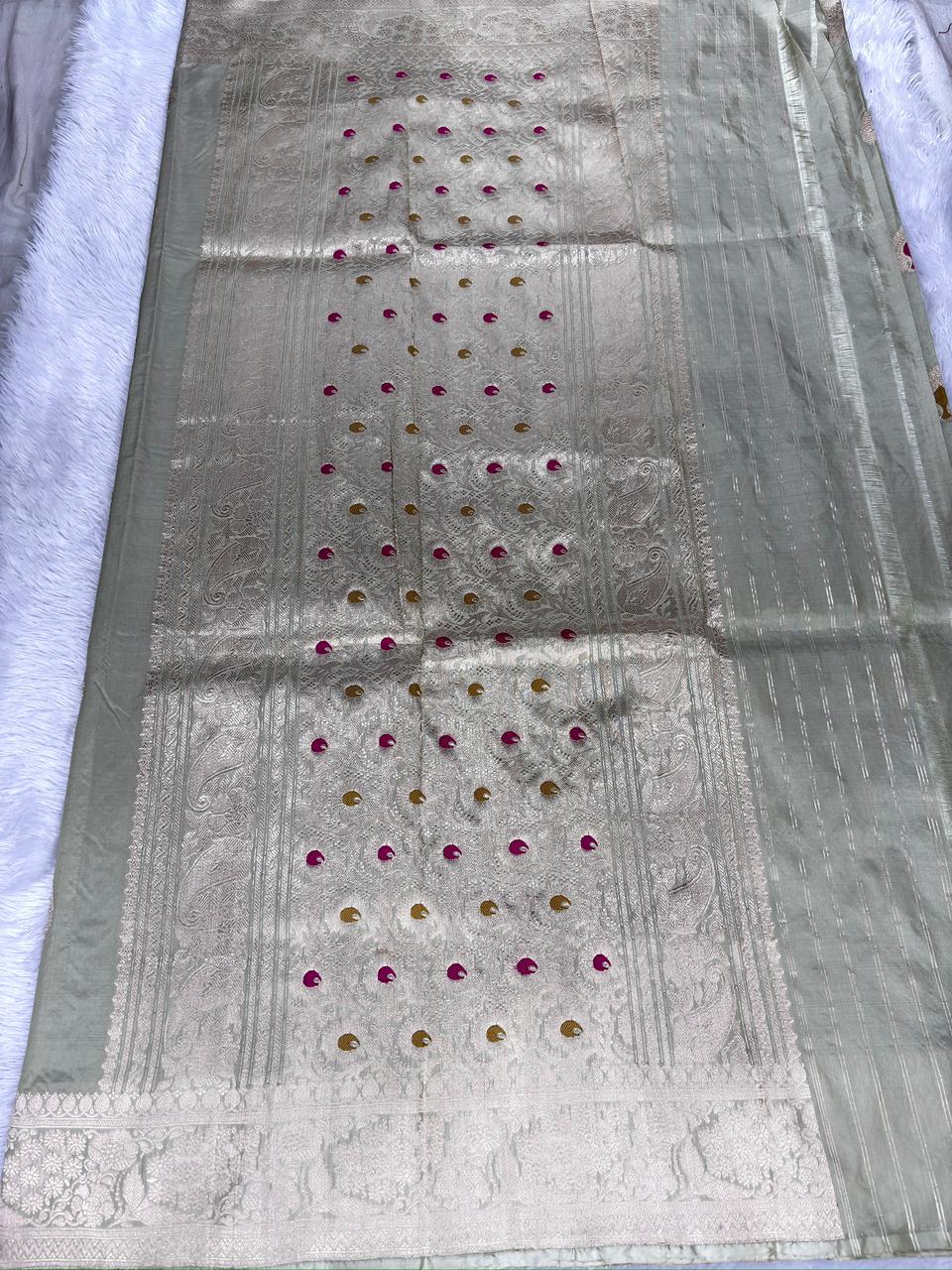 Sage Green Pure Katan Silk Lightweight Kadhua Rungkaat Saree with Silver Zari
