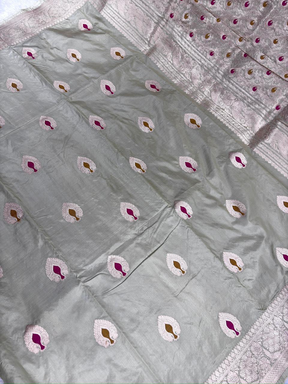 Sage Green Pure Katan Silk Lightweight Kadhua Rungkaat Saree with Silver Zari