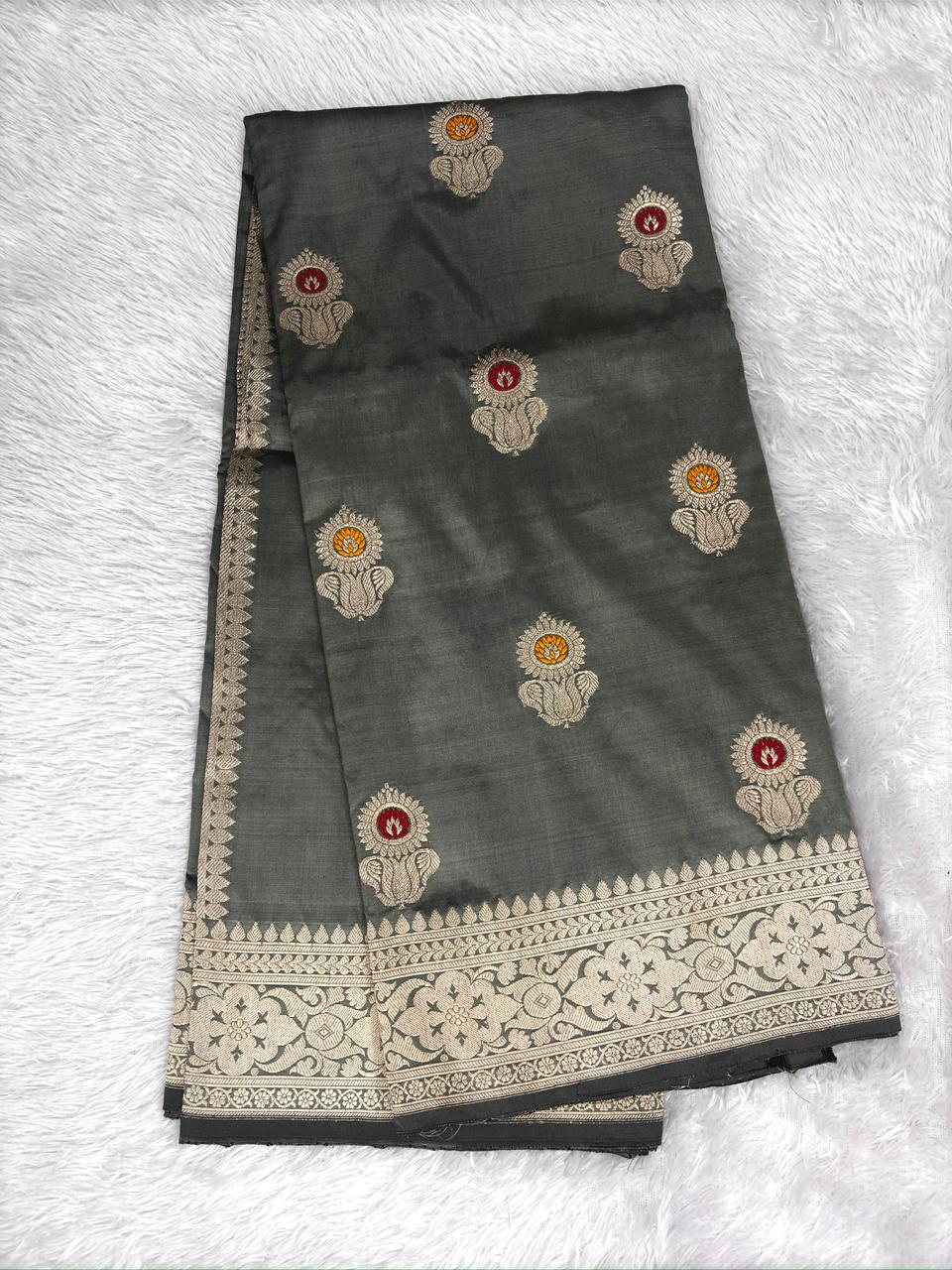 Charcoal Grey Pure Katan Silk Lightweight Kadhua Rungkaat Saree with Silver Zari