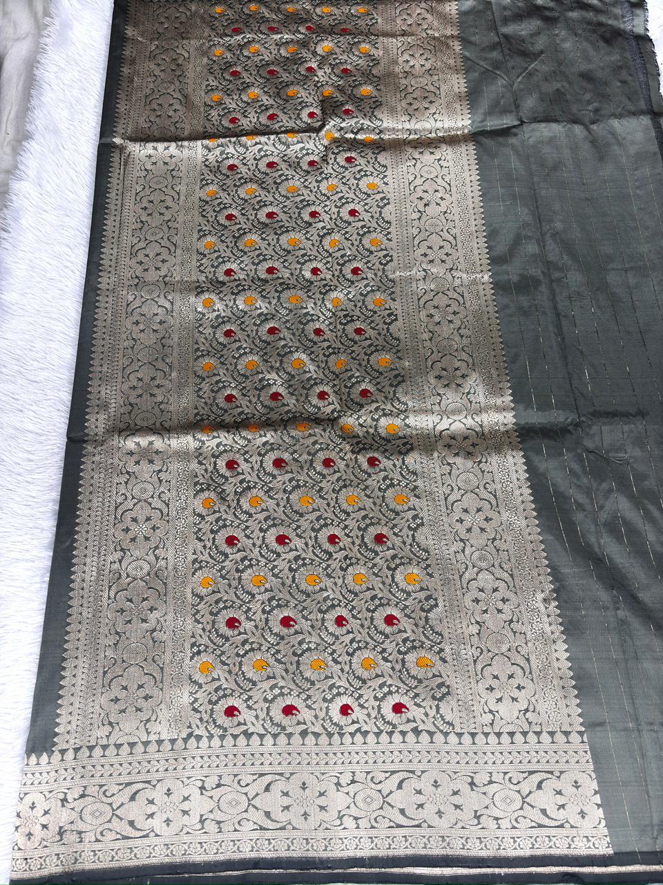 Charcoal Grey Pure Katan Silk Lightweight Kadhua Rungkaat Saree with Silver Zari