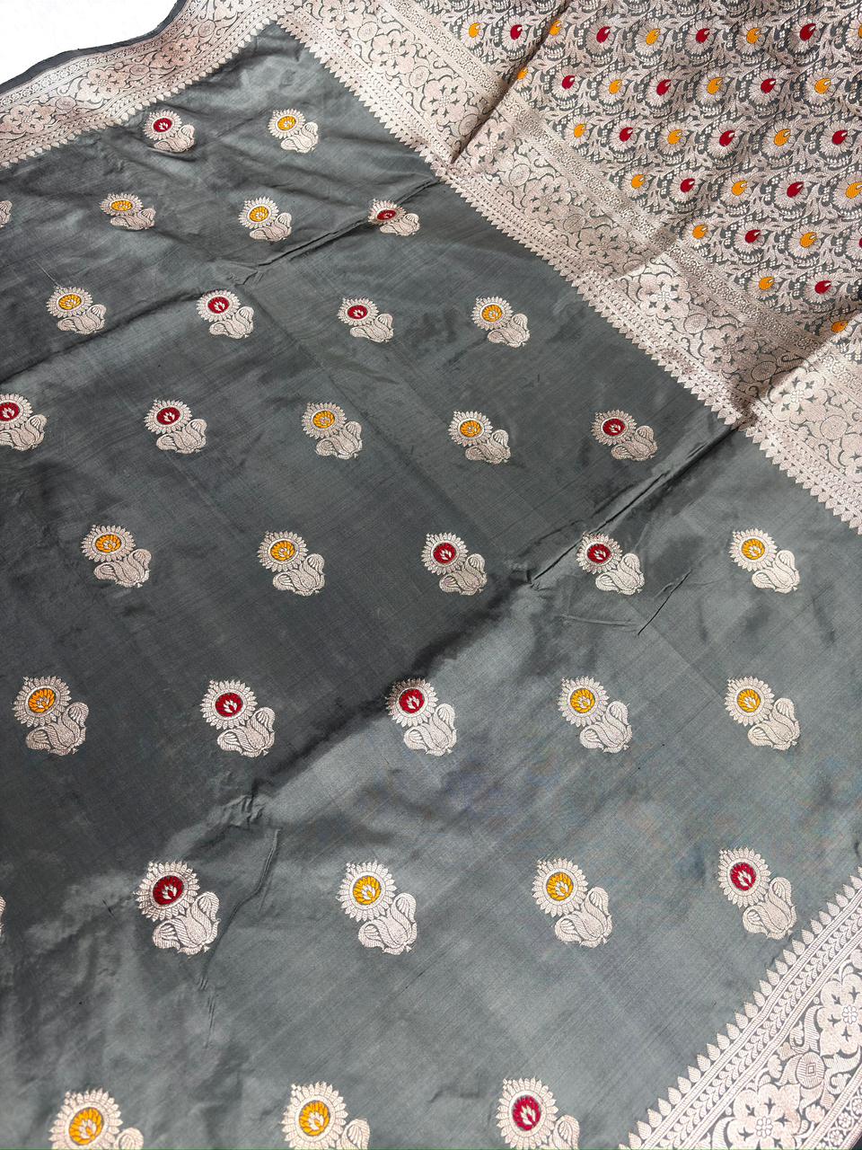 Charcoal Grey Pure Katan Silk Lightweight Kadhua Rungkaat Saree with Silver Zari