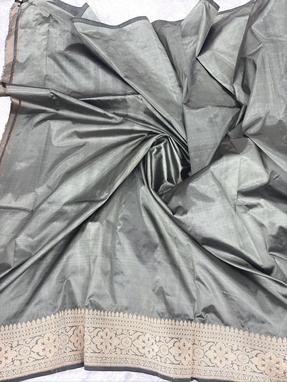 Charcoal Grey Pure Katan Silk Lightweight Kadhua Rungkaat Saree with Silver Zari