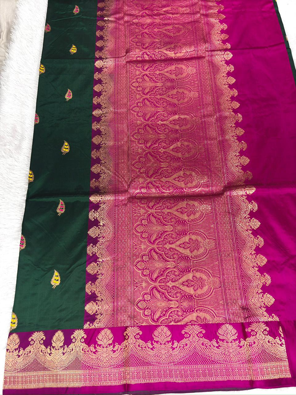 Bottle Green & Rani Pink Pure Katan Silk Lightweight Kadhua Rungkaat Saree