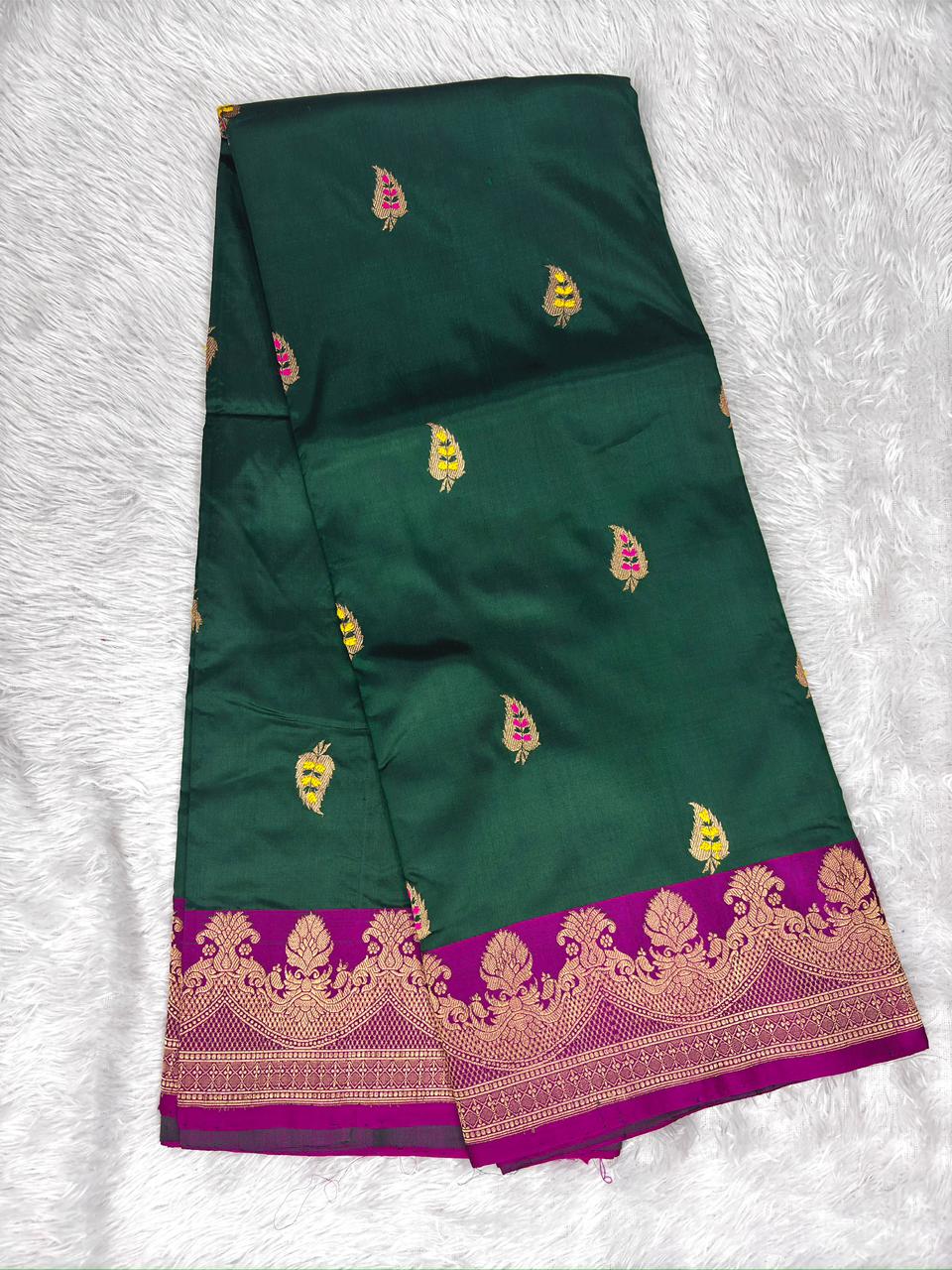 Bottle Green & Rani Pink Pure Katan Silk Lightweight Kadhua Rungkaat Saree