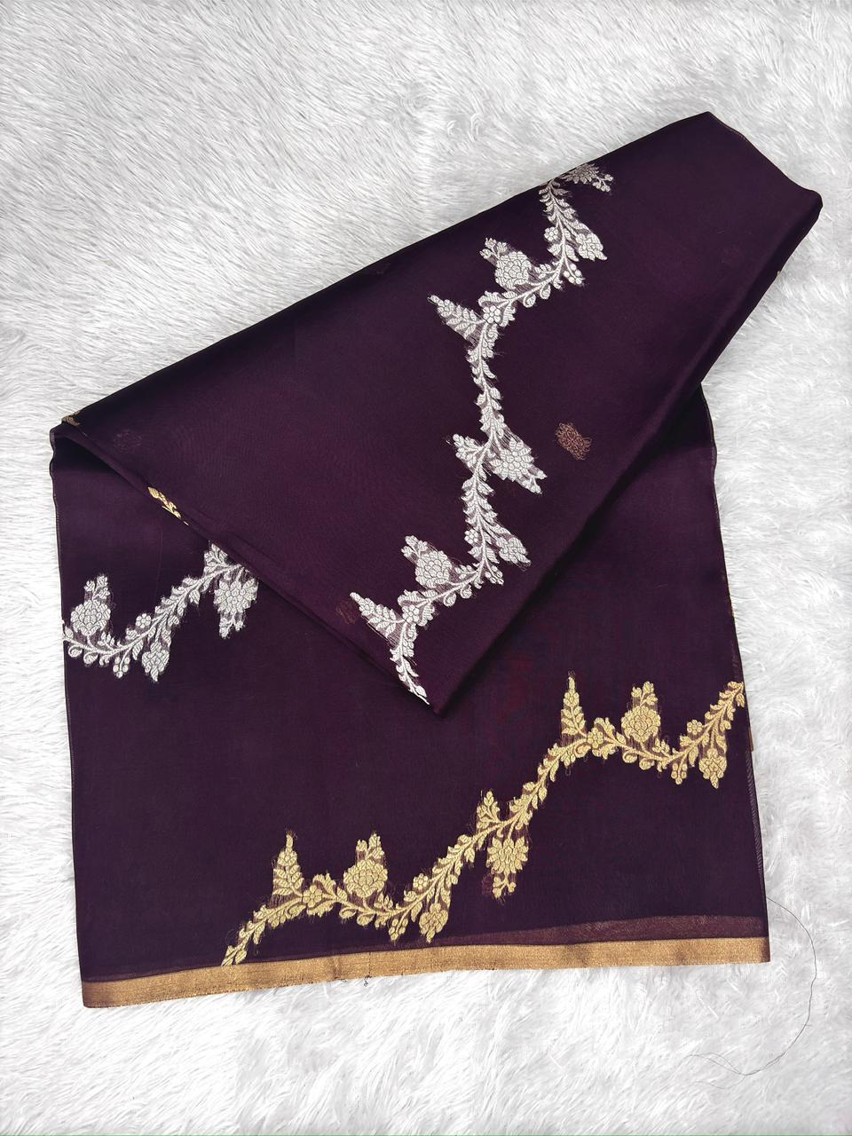 Deep Plum Designer Kadhua Half-n-Half Kora Silk Saree